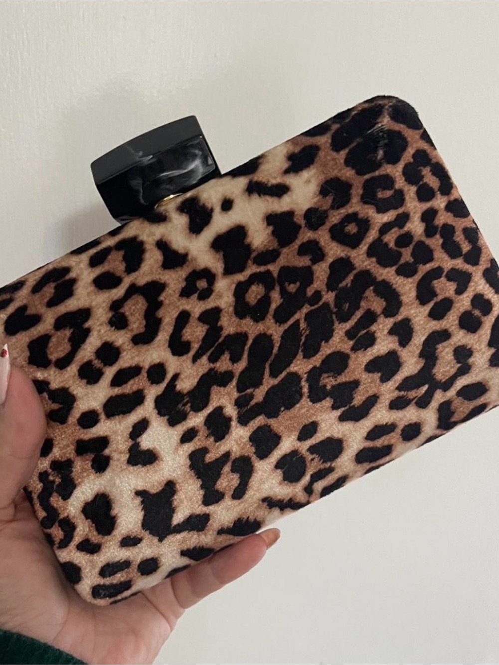 Leopard Print Faux Fur Clutch with Black Acrylic Clasp